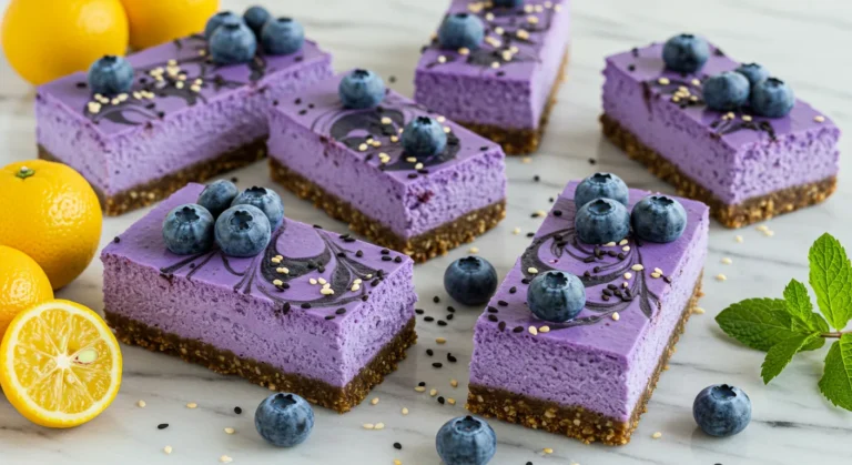 Blueberry and Yuzu Cheesecake Bars with Black Sesame Swirl