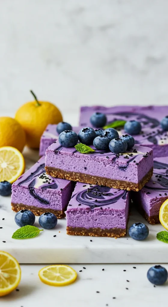 Blueberry and Yuzu Cheesecake Bars with Black Sesame Swirl