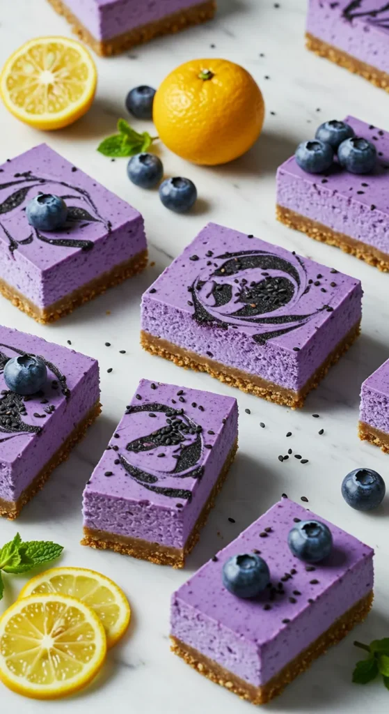 Blueberry and Yuzu Cheesecake Bars with Black Sesame Swirl