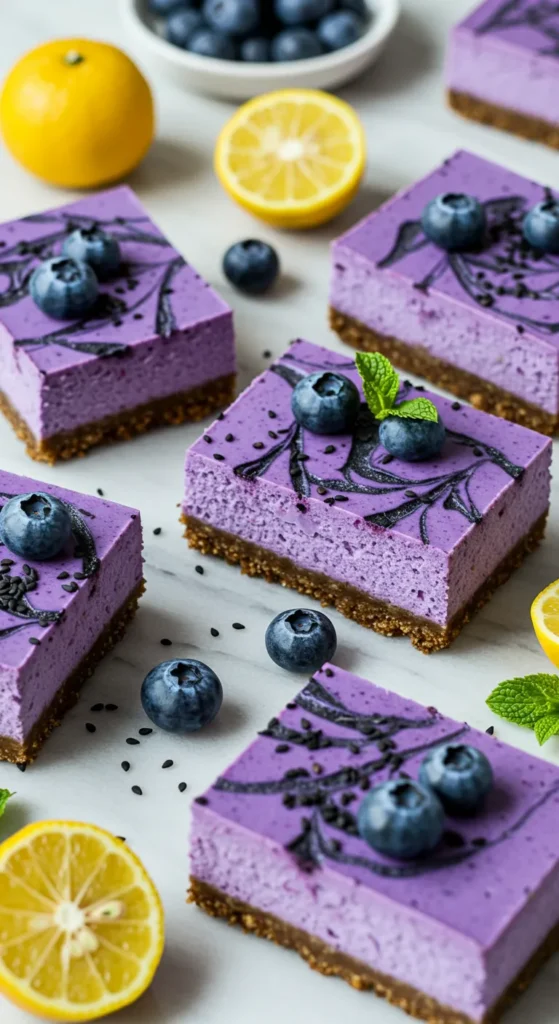 Blueberry and Yuzu Cheesecake Bars with Black Sesame Swirl