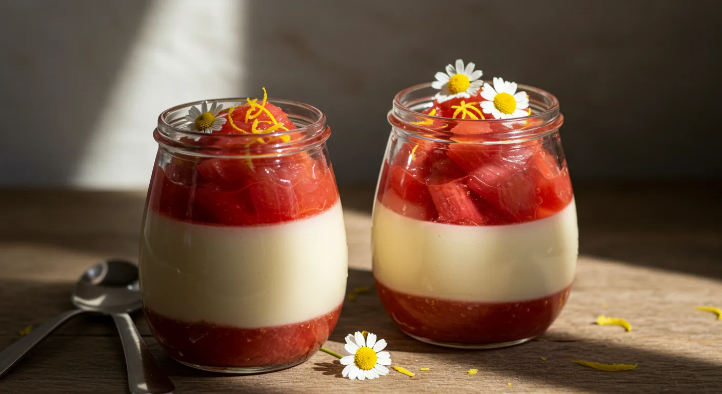 Honeyed Chamomile Panna Cotta with Rhubarb Ginger Compote Recipe