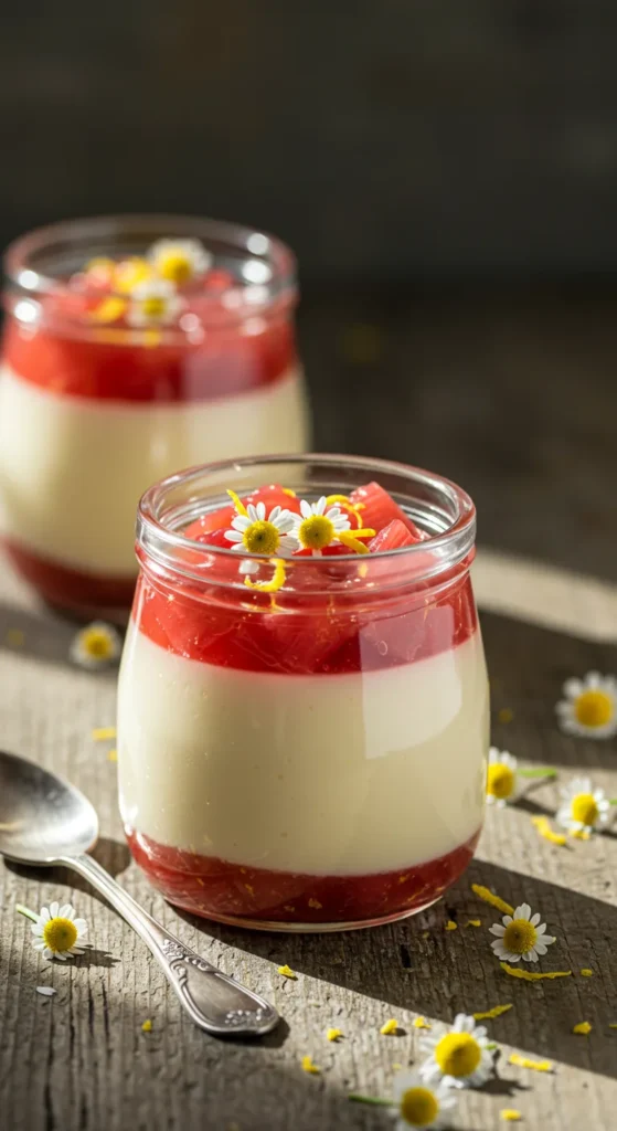 Honeyed Chamomile Panna Cotta with Rhubarb Ginger Compote Recipe