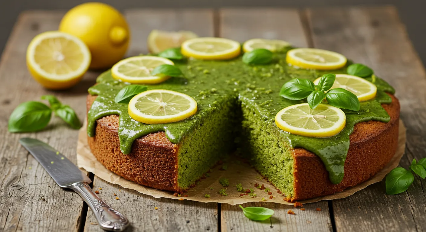 Matcha and Lemon Olive Oil Cake with Basil Glaze