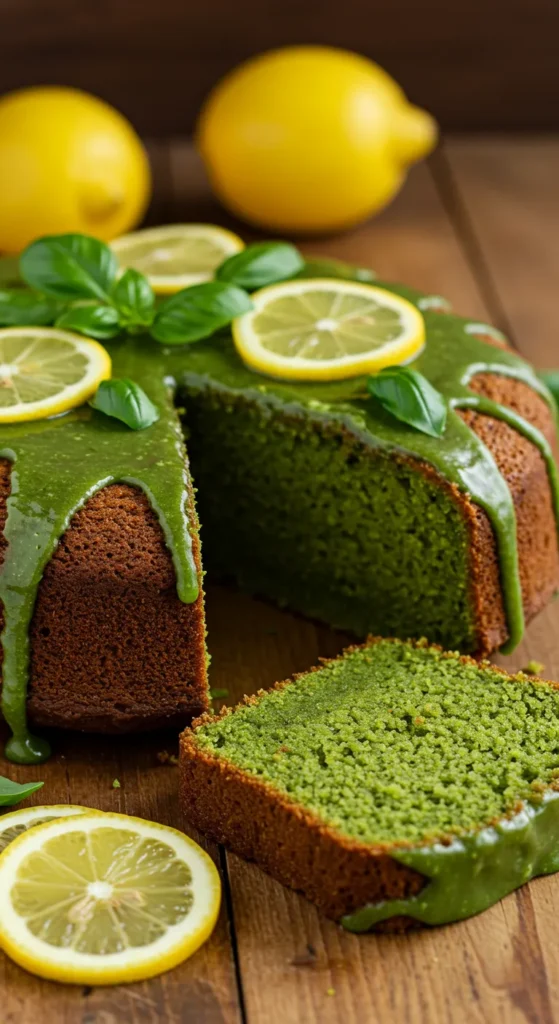 Matcha and Lemon Olive Oil Cake with Basil Glaze