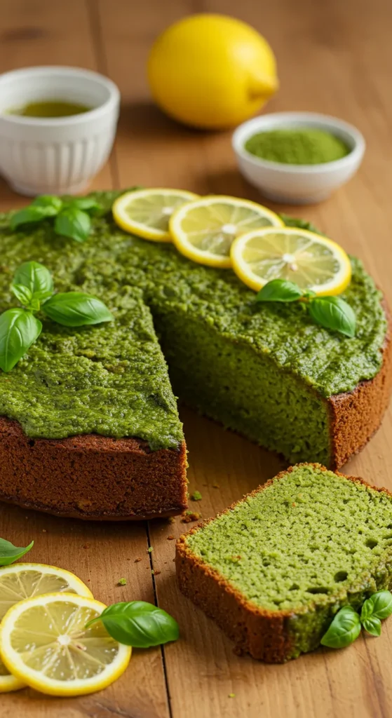 Matcha and Lemon Olive Oil Cake with Basil Glaze