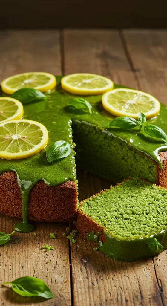 Matcha and Lemon Olive Oil Cake with Basil Glaze