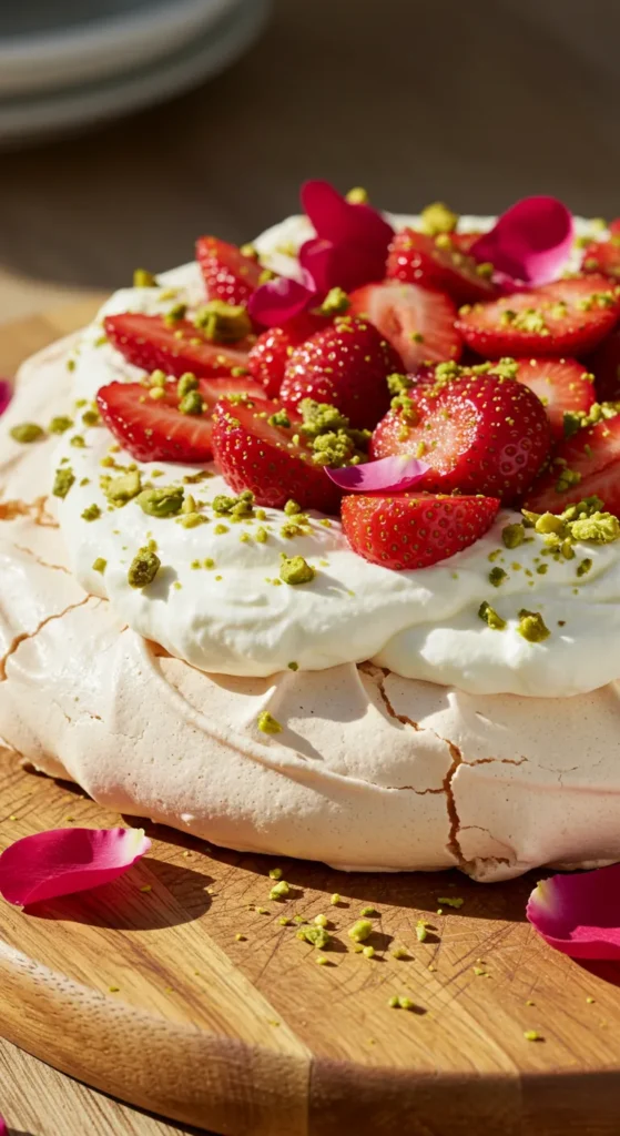 Strawberry and Rosewater Pavlova with Pistachio Crumble RECIPE