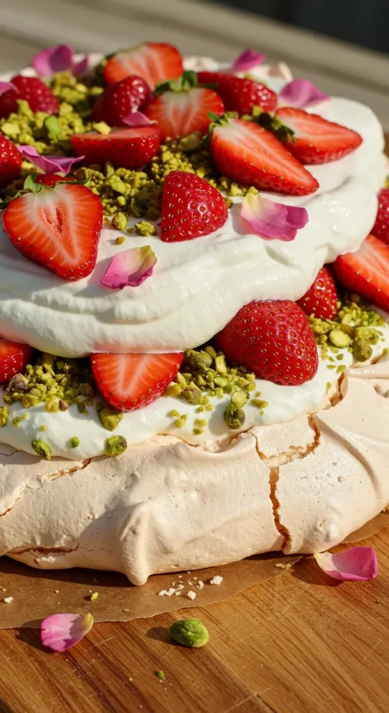 Strawberry and Rosewater Pavlova with Pistachio Crumble RECIPE