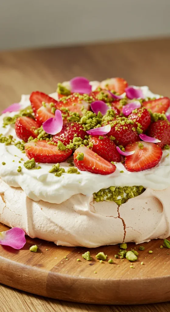 Strawberry and Rosewater Pavlova with Pistachio Crumble RECIPE